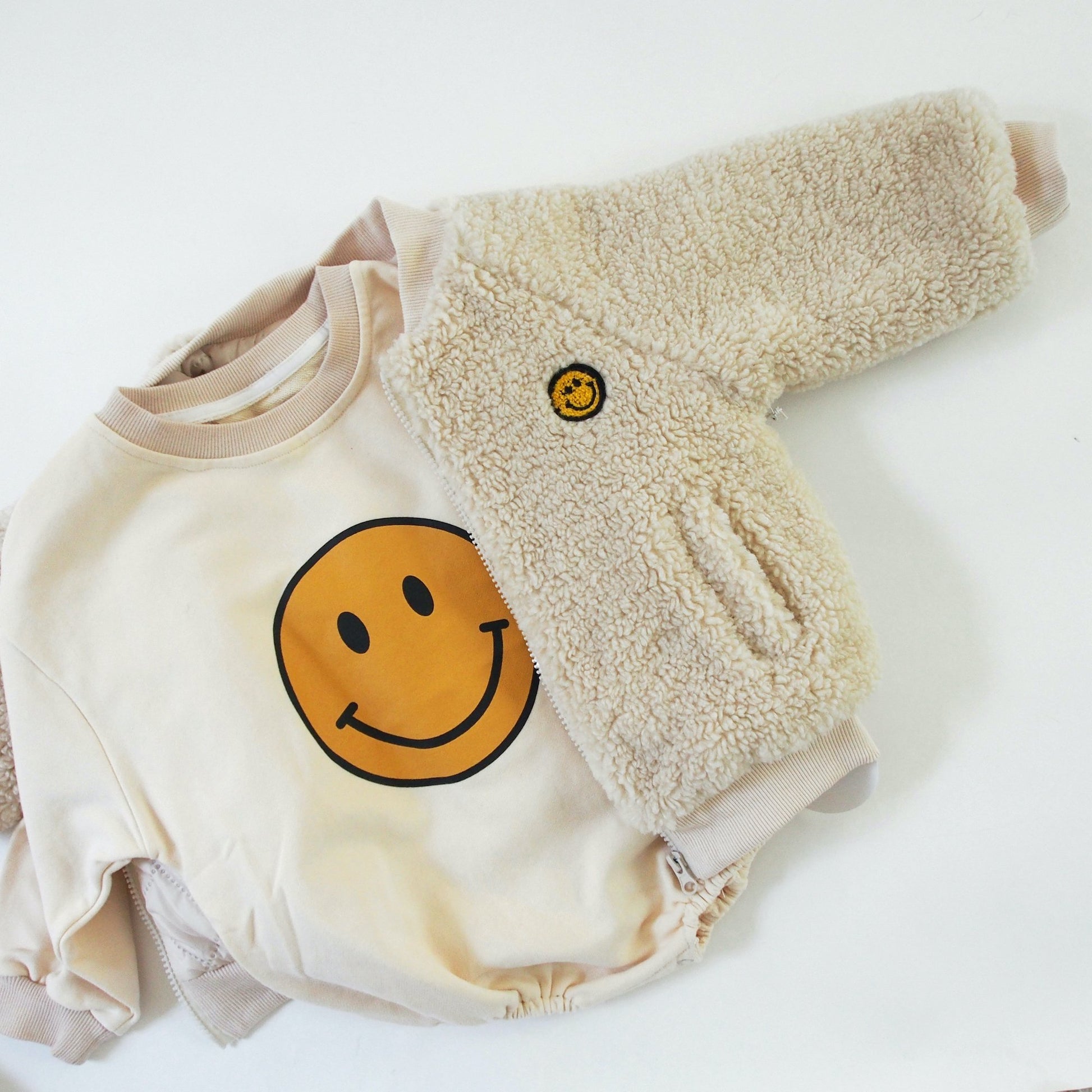 All Small Co Happy Face Crewneck Onesie Smiley Face Romper Sweater Cream Yellow