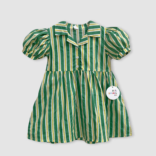 All Small Co Candy Stripe Green Dress Yellow White Stripes Puff Sleeve Collared Casual Empire Waist
