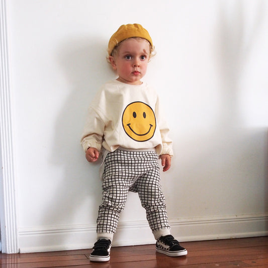 All Small Co Happy Face Crewneck Onesie Smiley Face Romper Sweater Cream Yellow