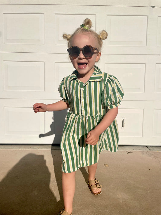 All Small Co Candy Stripe Green Dress Yellow White Stripes Puff Sleeve Collared Casual Empire Waist